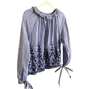 Maison Jules Embroidered Stripe Cotton Blouse, Size Medium
